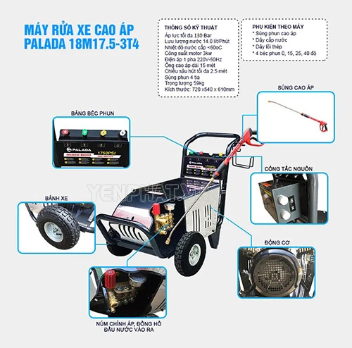 Máy rửa xe Palada 18M17.5-3T4 phù hợp để xịt rửa xe