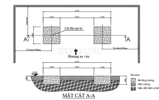 Bản vẽ móng cầu nâng sửa xe 2 trụ