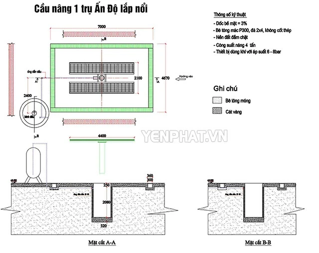 Bản vẽ kích thước lắp đặt cầu nâng ô tô 1 trụ