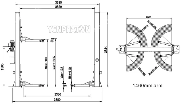 Kích thước lắp đặt cầu nâng ô tô 2 trụ