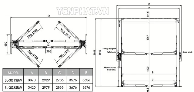 Kích thước cầu nâng ô tô 2 trụ