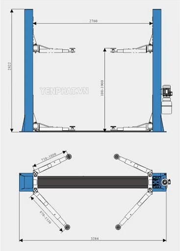 Kích thước lắp đặt chi tiết cầu nâng 1 trụ, 2 trụ, 4 trụ