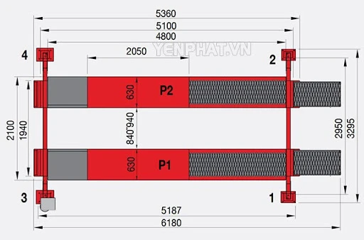 Kích thước cầu nâng 4 trụ