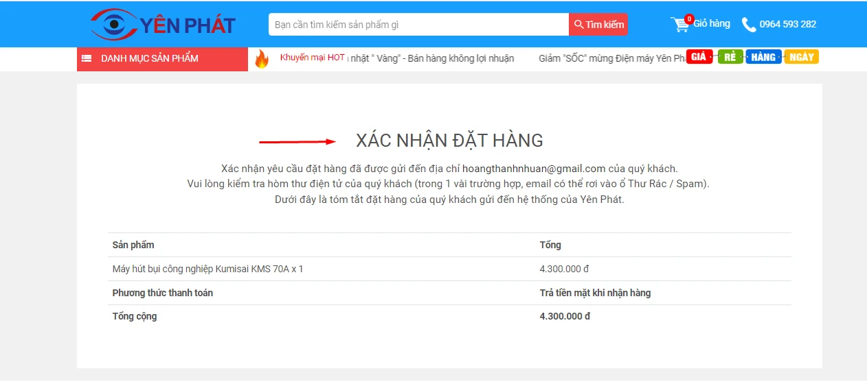 mẫu xác nhận đăt hàng thành công tại yên phát