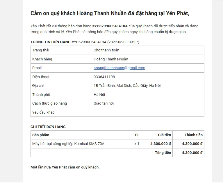 Đơn xác nhận đặt hàng