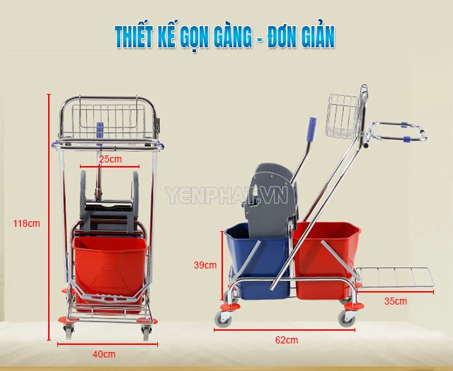 xe dọn vệ sinh 2 xô vắt nước có thiết kế nhỏ gọn