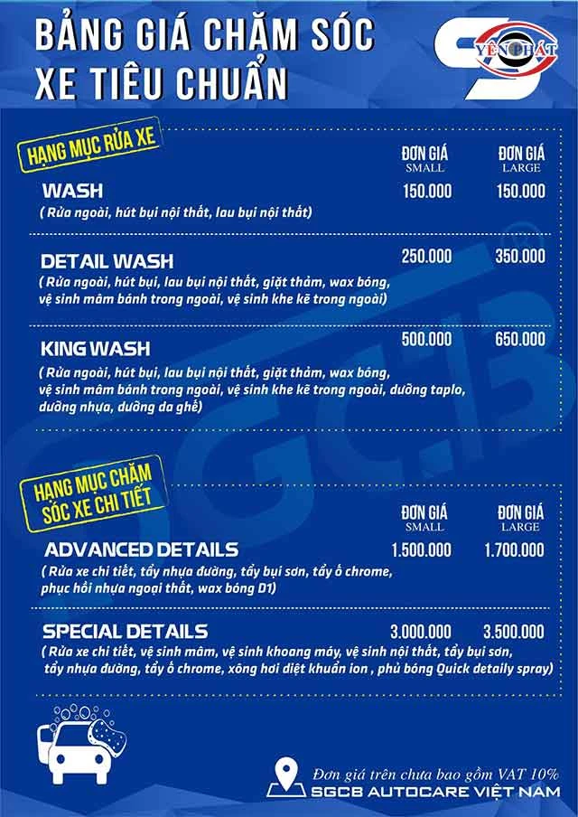 bảng giá rửa xe tiêu chuẩn