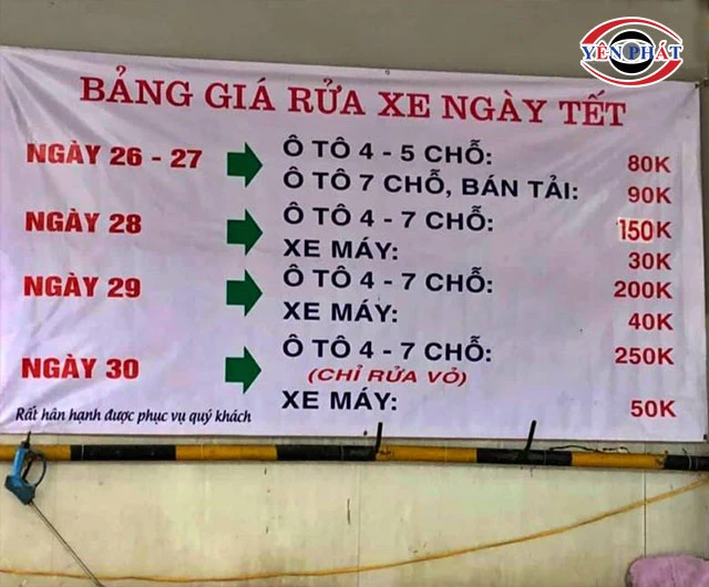 bảng giá dịch vụ rửa xe ngày tết