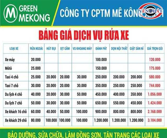 bảng giá rửa xe
