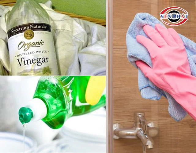 làm sạch kính phòng tắm bằng giấm, nước rửa chén 