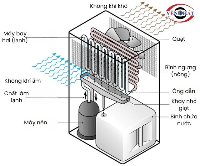 Máy hút ẩm sẽ hút khí ẩm và thổi ra khí khô