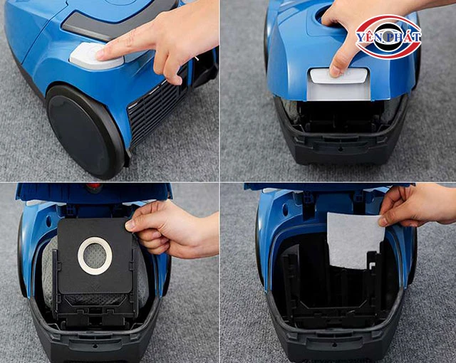 đổ rác và vệ sinh máy hút bụi