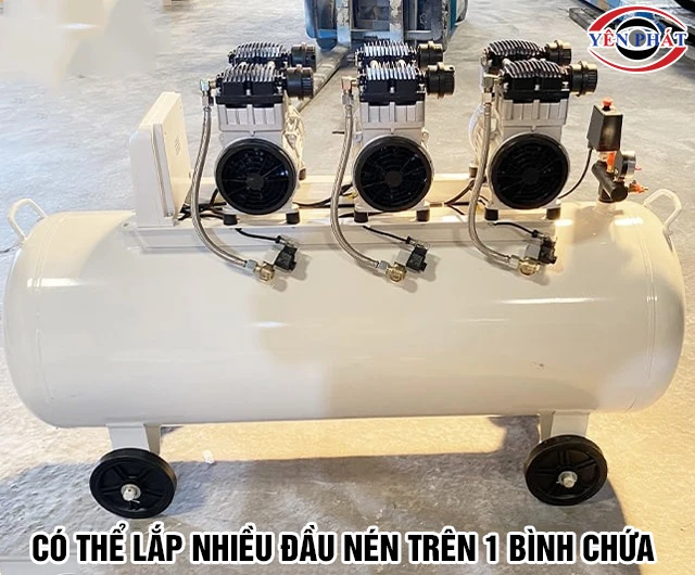 Máy nén kkhí chứa 3 đầu nén khí không dầu giảm âm Wing OF1100