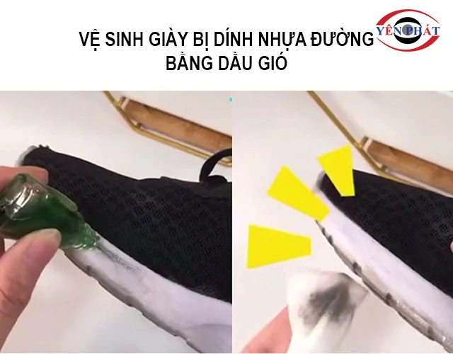 vệ sinh giày bị dính nhựa đường bằng dầu gió