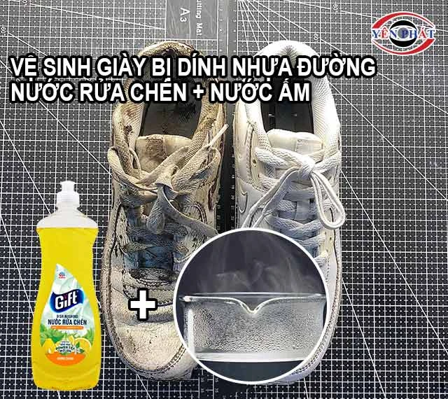 tẩy giày bị dính nhựa đường bằng nước rửa chén và nước ấm