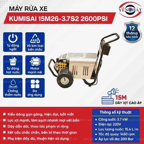 Máy bơm rửa xe Kumisai 15M26-3.7S2 2600PSI 2