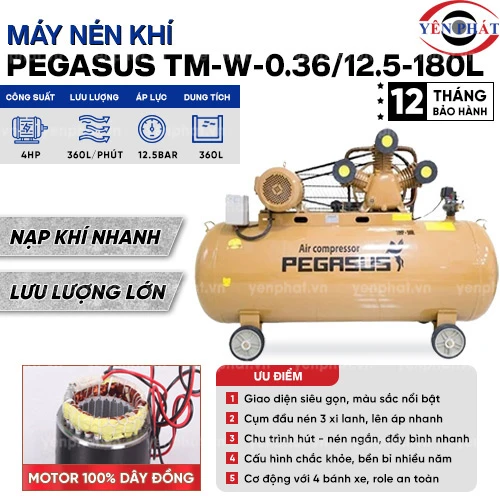 Máy nén khí dây đai Pegasus TM-W-0.36/12.5-180L (220V) 2