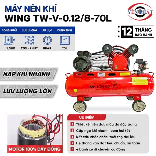 Máy nén không khí dây đai Wing TW-V-0.12/8-70L 2
