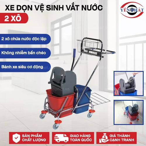 Xe dọn vệ sinh 2 xô vắt nước công nghiệp 2