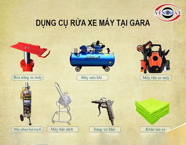 dụng cụ rửa xe máy tại gara