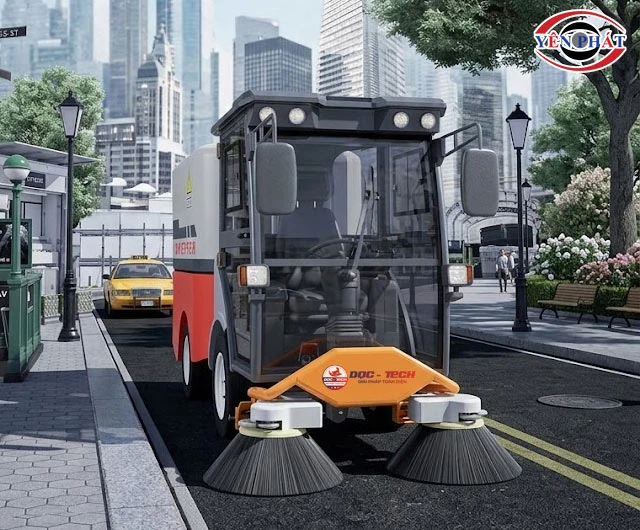 xe quét rác ngồi lái DQC - Tech 19F trên đường phố