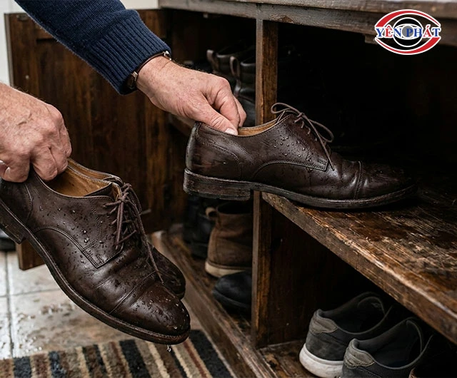 cất giầy da bị ướt vào tủ ngay sau khi dùng