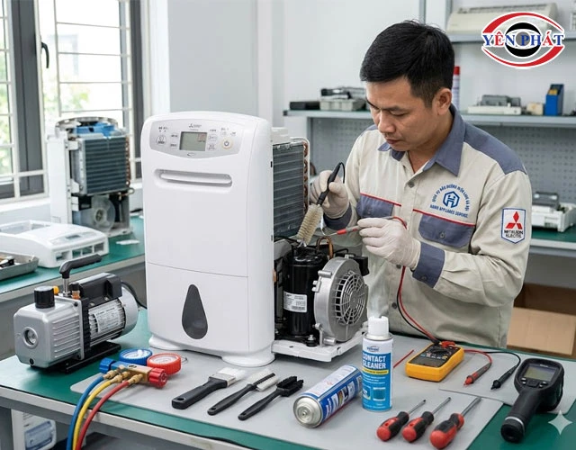 bảo dưỡng máy hút ẩm Mitsubishi chân voi