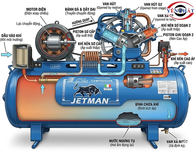 nguyên lý làm việc máy nén khí dây đai Jetman PK-40200 200L 3KW