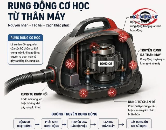 Máy hút bụi kêu to vì rung động cơ học từ thân máy