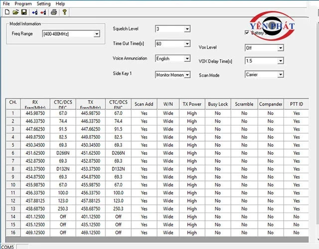 Nhập thông số tần số và mã code vào máy cần kết nối