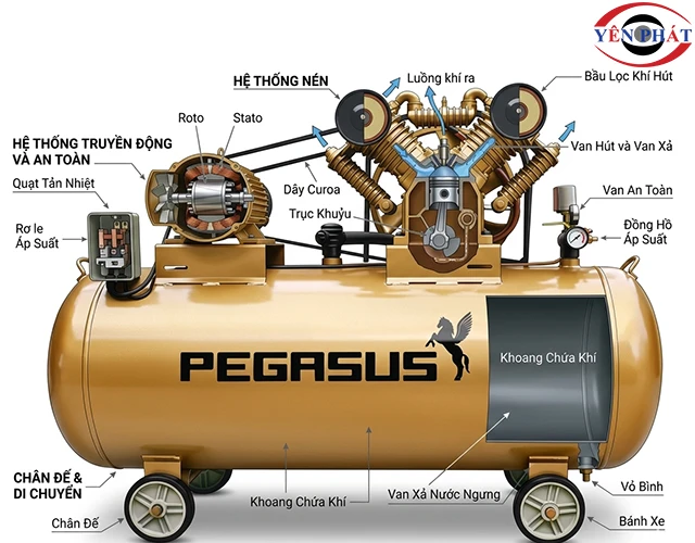 cấu tạo máy nén khí Pegasus TM-V-1.05/12.5-500L