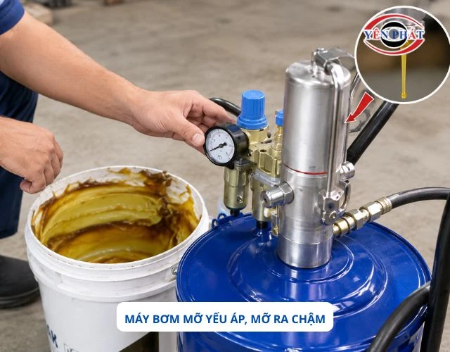 Lỗi máy bơm mỡ yếu áp, ra chậm