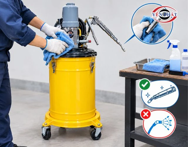 Vêh sinh sạch sẽ máy bơm mỡ bằng tay sau mỗi lần sử dụng