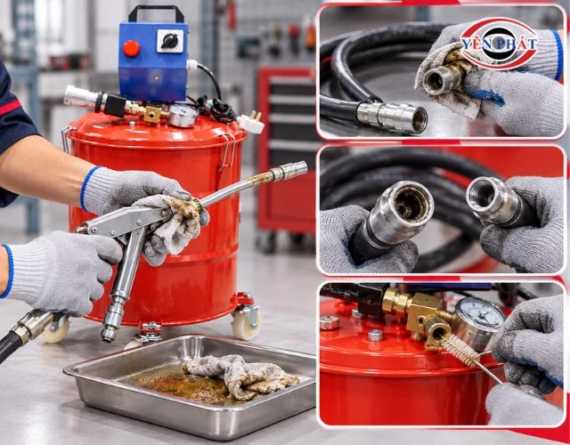 Vệ sinh sạch sẽ từng bộ phận như súng bơm, dây dẫn,...