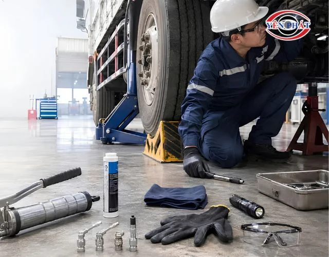 Chuẩn bị dụng cụ đầy đủ trước khi tiến hành bơm mỡ cho xe tải