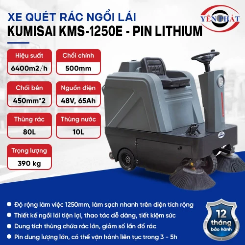 Xe quét rác ngồi lái nhà xưởng Kumisai KMS-1250E - Pin Lithium 2