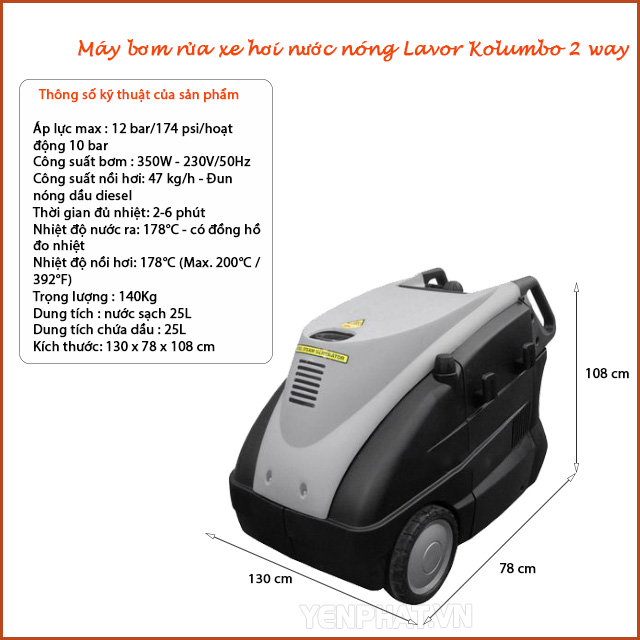 Thông số Máy bơm rửa xe hơi nước nóng Lavor Kolumbo 2 way
