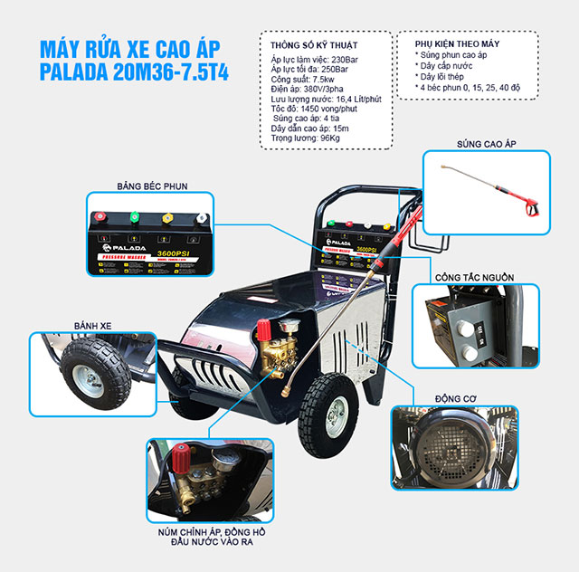 Các chi tiết máy xịt rửa xe công nghiệp Palada 20M36-7.7T4