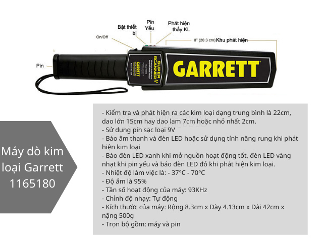 Thông số kỹ thuật thiết bị dò kim loại Garrett 1165180